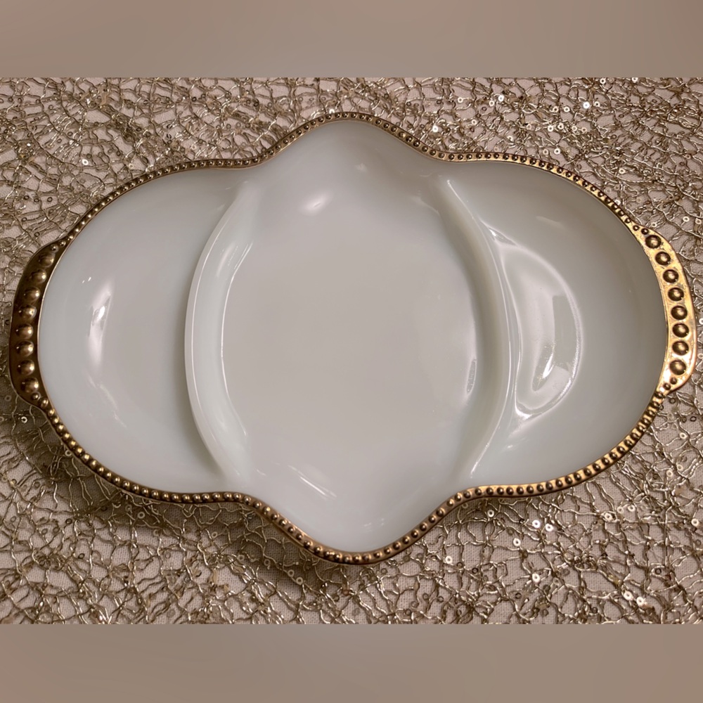 Fire king oven ware 11x7” milk glass relish dish with compartments and gold trim